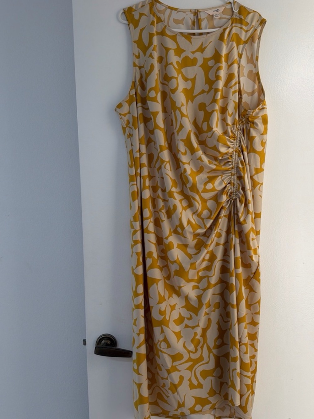 Sleeveless Mustard and Cream Ruched Side Dress